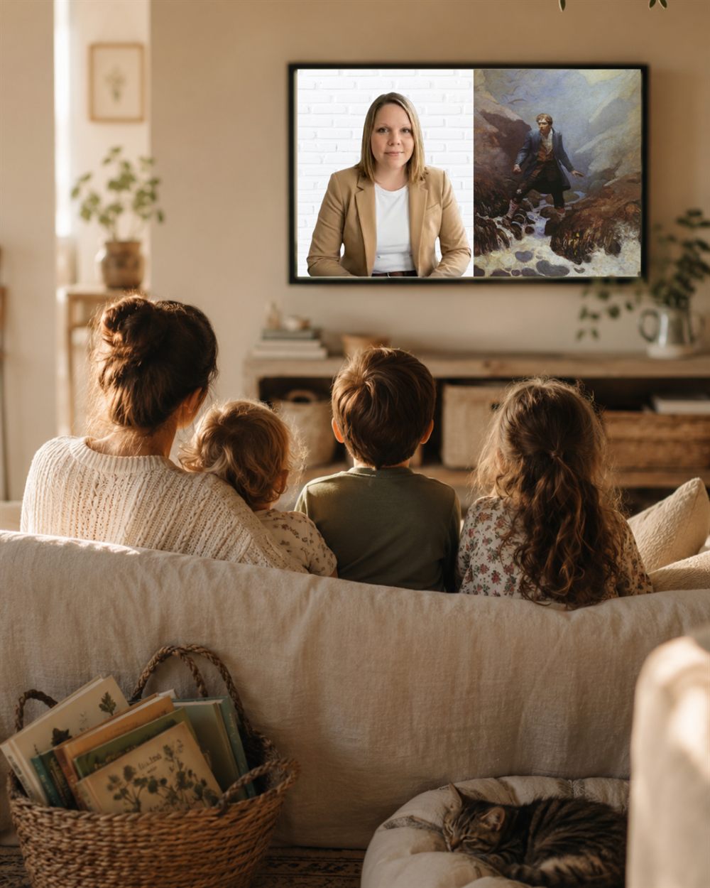 A mother and three children gathered on the couch, watching a Kindred Thicket Charlotte Mason lesson on the living room television, a basket of books beside them.